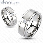 Solid Titanium Brushed Center Grooved Band Ring with 3mm Clear CZ