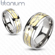 Solid Titanium 2-Tone Gold IP Laser Engraved StarFlora Design Band Ring