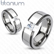 Solid Titanium 2-Tone Beveled Band Ring with Princess Cut CZ