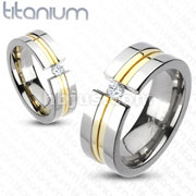 Solid Titanium Gold IP Center Double Grooved Band Ring with CZ