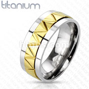 Solid Titanium Duo Tone Gold IP Triangular Zigzag Patterned Band Ring