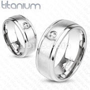 Solid Titanium Two Tone Mirror Polished Edge and Brushed Metal Center with CZ Band Ring