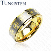 Tungsten Carbide PVD Gold  and Brushed  Ring With Cross Decorations