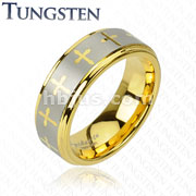Tungsten Carbide IP Gold and Brushed Ring With Cross Decorations