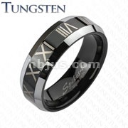 Tungsten Carbide Black IP Center with Roman Numerals Beveled Band Ring