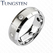 Tungsten Carbide Multi Grooves with CZs Brushed Center Beveled Band Ring