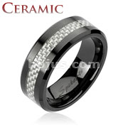 Ceramic Silver Carbon Fiber Inlay Band Ring