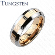 Tungsten Carbide Rose Gold IP Center with Roman Numerals Beveled Band Ring