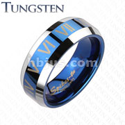 Tungsten Carbide Rose Blue IP Center with Roman Numerals Beveled Band Ring