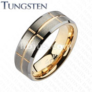 Tungsten Carbide Brushed Center Rose Gold IP Cross Grooved Band Ring