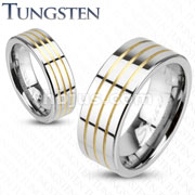 Tungsten Carbide Triple Gold IP Grooved Stripes Duo Tone Band Ring