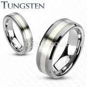 Tungsten Carbide Silver Stripe Inlay Beveled Edge Band Ring