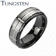 Tungsten Carbide Brushed Center Cross Grooved Duo Tone Band Ring