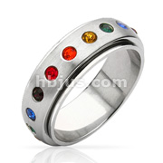 316L Stainless Steel Ring with Gay Pride Assorted Color Gems