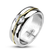 316L Stainless Steel Gold Stripe Over CZ Band Ring