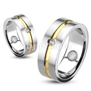 316L Stainless Brushed Steel Gold IP Grooved CZ Center Band Ring