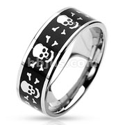 316L Surgical Stainless Steel Black Ring with Laser Engraved Skull with bones