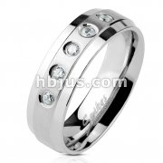 316L Stainless Steel Ring. 5 clear gem Band