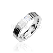 316L Stainless Steel Checker Engraved Band with 4mm Princess Cut Cubic Zirconia