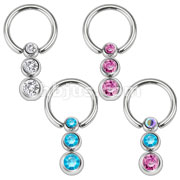 316L Surgical Steel Captive Bead Ring with Gemmed Cascading Triple Ball