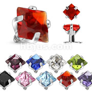 316L Surgical Steel Internally Threaded Prong Set Square Gem Dermal Top