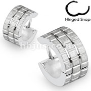 Pair of 316L Surgical Stainless Steel Hoop Earring with Brushed Steel Grooved Square Grids