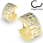 Pair of 316L Surgical Stainless Steel Gold Plated Hoop Earring with Brushed Steel Grooved Square Grids