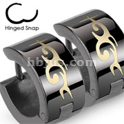 Pair of 316L Stainless Steel Black Hinged Hoop Earring with Tribal Design