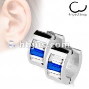 Pair of 316L Surgical Stainless Steel Hoop Earring with Emerald Cut Blue and Clear CZs