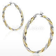 Pair of Stainless Steel Gold IP Duo Tone Rope Twist Hoop Earring