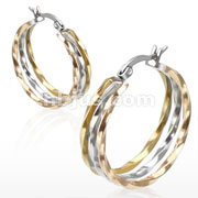 Pair of Stainless Steel Gold IP Triple Tone Three Twist Rings Hoop Earring
