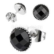 Pair of 316L Surgical Steel Multi Faceted Round Black Onyx Gem Earring