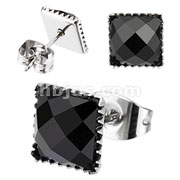 Pair of 316L Surgical Steel Multi Faceted Square Black Onyx Gem Earring
