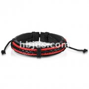 Black Leather Bracelet with Black & 2 Red Braids