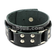 Black Leather Wide Bracelet with Steel Links & Studded Buckle 
