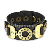 Black Leather Bracelet with Vintage Steel Buckle Charm