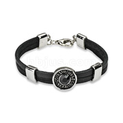 Black Leather Bracelet with 'Love Strauss' Steel Accent with Gem