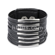 Black Leather Wide Bracelet with Multi Strips with Steel Bar Accents