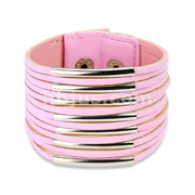 Pink Leather Wide Bracelet with Multi Strips with Steel Bar Accents