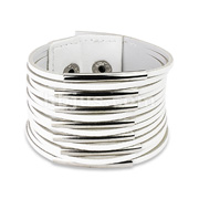 White Leather Wide Bracelet with Multi Strips with Steel Bar Accents