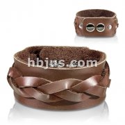 Brown Leather Bracelet with Layered Thick Weaved Strips