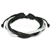 Black Leather Bracelet with 5 Entangled Black and White Strips