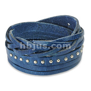Blue Leather Multi-Wrap Bracelet with Multi Studded Weaved End Design