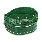 Green Leather Multi-Wrap Bracelet with Multi Studded Weaved End Design