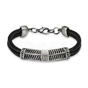 Black Double String Leather Bracelet with G Scaled Steel Center Charm