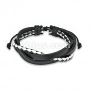 Black & White Leather Bracelet with 3 Entangled Layer