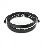 Black Leather Bracelet with Black & White 2 Tone Braided Center