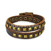 Brown Leather Double Wrap Bracelet with Pyramid Studs