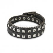 Black Leather Double Wrap Bracelet with Pyramid Studs