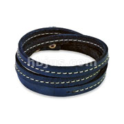 Blue Leather Triple Wrap Bracelet with Stitched Center Design
